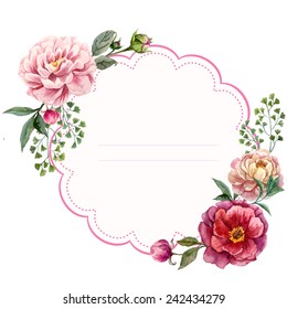 peony, frame, card, watercolor
