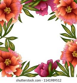 Peony frame flowers in a vector style. Frame border ornament square. Vector flower for background, texture, wrapper pattern, frame or border.