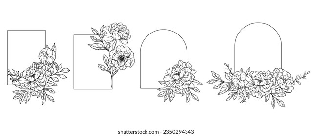 Peony Frame Line Art, Outline Floral Frame Hand Drawn Illustration. Coloring Page with Peony Flowers. 