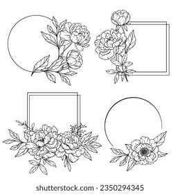 Peony Frame Line Art, Outline Floral Frame Hand Drawn Illustration. Coloring Page with Peony Flowers. 