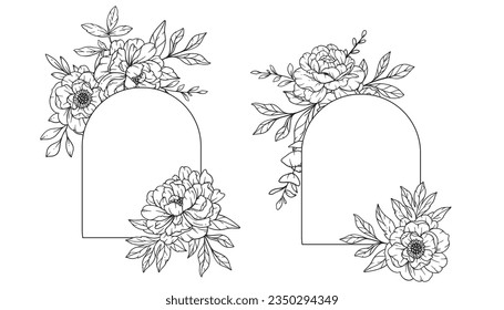 Peony Frame Line Art, Outline Floral Frame Hand Drawn Illustration. Coloring Page with Peony Flowers. 
