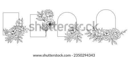 Peony Frame Line Art, Outline Floral Frame Hand Drawn Illustration. Coloring Page with Peony Flowers. 