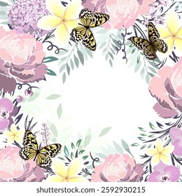Peony frame. Vintage wedding invitation. hand drawn. Not AI, Vector illustration.