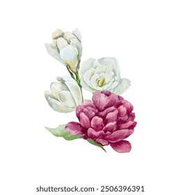 Peony and freesia sprig watercolor. Bouquet of white and burgundy flowers. Vector illustration. Greeting cards, wedding invitations, banners, posters.