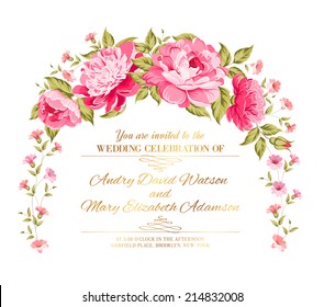 Peony garland for holiday card. Vector illustration.