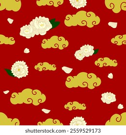 Peony and Gold Cloud Seamless Pattern in Chinese theme on Red background