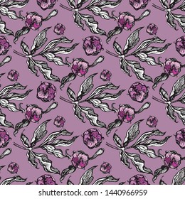 Peony graphic ink drawn seamless pattern vector