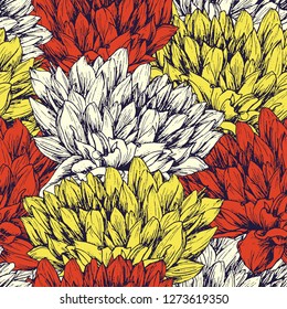 Peony hand drawn seamless pattern. Floral ink pen color texture. Sketch flowers color illustration. Chrysanthemums vintage freehand drawing. Sketched wrapping paper, textile, background vector fill