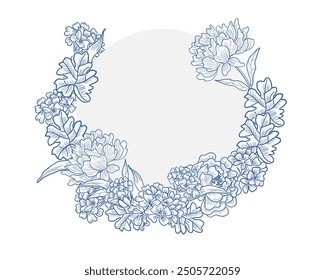 Peony and Hydrangea Hand Drawn Flower Wreath