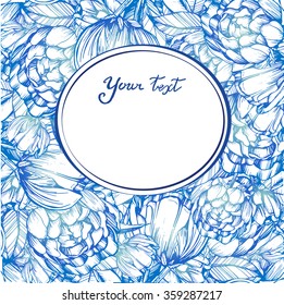 Peony ,ink, Pen Capillary, Handmade, Leaves, Flowers, Buds, Coloring Books For Children And Adults, Card For You, Blue 