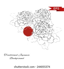 Peony ink sumi-e illustration. Vector image.