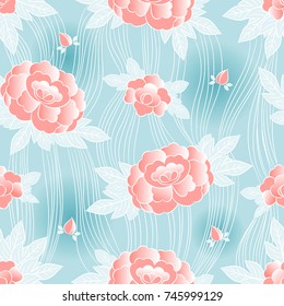 Peony japanese pattern seamless vector. Oriental floral background. Vintage pastel flowers print for kimono fabric, woman negligee bathrobe and nightgown, fashion asian textile, house wallpaper.