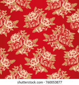 Peony japanese pattern seamless vector. Oriental floral background. Red golden vintage flowers print for kimono fabric, fashion woman silk scarf, paper, clothing textile, interior home wallpaper.