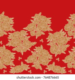 Peony japanese pattern seamless vector. Oriental border red floral background. Vintage gold flower print for dress or skirt fabric, asian kimono textile, woman scarf, tablecloth, bedlinen, wallpaper.