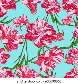 Peony with leaves and brunches on a blue background. Seamless vector pattern for textile and paper print.