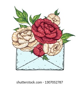 Peony in the letter hand drawn. Concept illustration. Greeting card concept. Peony bouquet. 