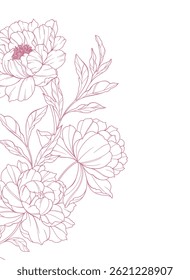 Peony Line Art. Buquês de peônia floral da moda e flores. Coleção de Peônias de Desenho de Linha Botânica. Flores de arte desenhadas à mão. Linha de luxo Floral Art. Peony Outline