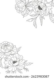 Peony Line Art. Trendy floral peony bouquets and flowers. Botanical Line Drawing Peony Collection. Hand drawn line art flowers. Luxury Line Floral Art. Peony Outline