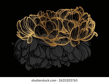 Peony line art vector hand drawn illustration. Art print with luxurious and elegant gold and black spring flower. Highly detailed and high quality graphic asset for online and print.
