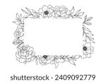 Peony Line Drawing. Black and white Floral Frames. Floral Line Art. Fine Line Peony illustration. Hand Drawn Outline flowers. Botanical Coloring Page. Wedding invitation flowers