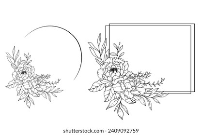 Peony Line Drawing. Black and white Floral Frames. Floral Line Art. Fine Line Peony illustration. Hand Drawn Outline flowers. Botanical Coloring Page. Wedding invitation flowers