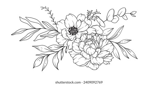 Peony Line Drawing. Black and white Floral Bouquets. Flower Coloring Page. Floral Line Art. Fine Line Peony illustration. Hand Drawn flowers. Botanical Coloring. Wedding invitation flowers