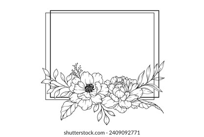 Peony Line Drawing. Black and white Floral Frames. Floral Line Art. Fine Line Peony illustration. Hand Drawn Outline flowers. Botanical Coloring Page. Wedding invitation flowers