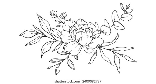 Peony Line Drawing. Black and white Floral Bouquets. Flower Coloring Page. Floral Line Art. Fine Line Peony illustration. Hand Drawn flowers. Botanical Coloring. Wedding invitation flowers