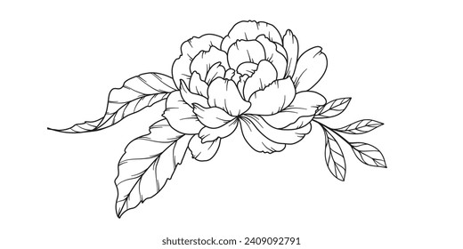 Peony Line Drawing. Black and white Floral Bouquets. Flower Coloring Page. Floral Line Art. Fine Line Peony illustration. Hand Drawn flowers. Botanical Coloring. Wedding invitation flowers
