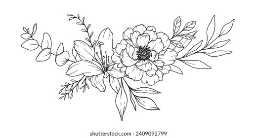 Peony Line Drawing. Black and white Floral Bouquets. Flower Coloring Page. Floral Line Art. Fine Line Peony illustration. Hand Drawn flowers. Botanical Coloring. Wedding invitation flowers