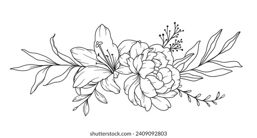 Peony Line Drawing. Black and white Floral Bouquets. Flower Coloring Page. Floral Line Art. Fine Line Peony illustration. Hand Drawn flowers. Botanical Coloring. Wedding invitation flowers