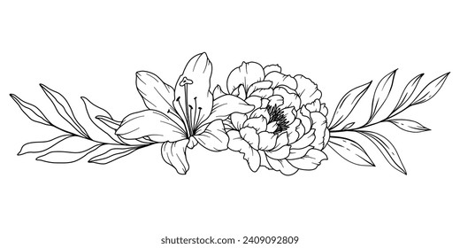 Dibujo de línea peony. Bouquets florales en blanco y negro. Página Coloración de Flores. Ilustración de la línea floral Art. Fine Line Peony. Flores dibujadas a mano. Colores botánicos. Flores de invitación a la boda