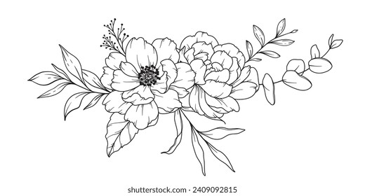 Dibujo de línea peony. Bouquets florales en blanco y negro. Página Coloración de Flores. Ilustración de la línea floral Art. Fine Line Peony. Flores dibujadas a mano. Colores botánicos. Flores de invitación a la boda