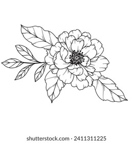 Peony Line Drawing. Black and white Floral Bouquets. Flower Coloring Page. Floral Line Art. Fine Line Peony illustration. Hand Drawn flowers. Botanical Coloring. Wedding invitation flowers