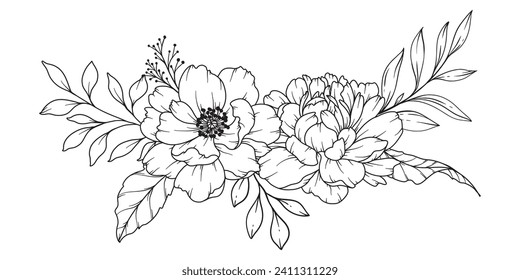 Peony Line Drawing. Black and white Floral Bouquets. Flower Coloring Page. Floral Line Art. Fine Line Peony illustration. Hand Drawn flowers. Botanical Coloring. Wedding invitation flowers