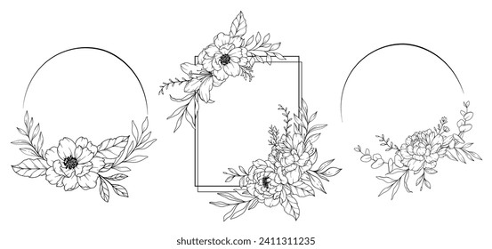 Peony Line Drawing. Black and white Floral Frames. Floral Line Art. Fine Line Peony illustration. Hand Drawn Outline flowers. Botanical Coloring Page. Wedding invitation flowers