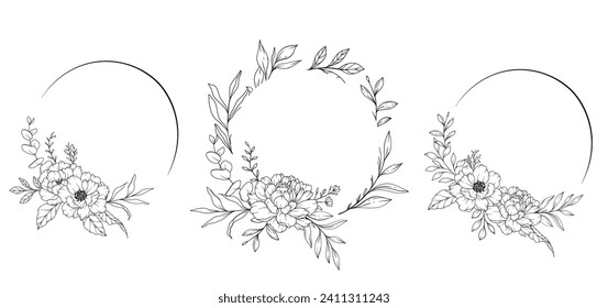 Peony Line Drawing. Black and white Floral Frames. Floral Line Art. Fine Line Peony illustration. Hand Drawn Outline flowers. Botanical Coloring Page. Wedding invitation flowers