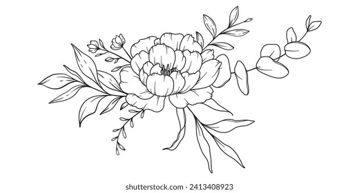 Peony Line Drawing. Black and white Floral Bouquets. Flower Coloring Page. Floral Line Art. Fine Line Peony illustration. Hand Drawn flowers. Botanical Coloring. Wedding invitation flowers