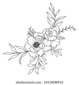 Dibujo de línea peony. Bouquets florales en blanco y negro. Página Coloración de Flores. Ilustración de la línea floral Art. Fine Line Peony. Flores dibujadas a mano. Colores botánicos. Flores de invitación a la boda