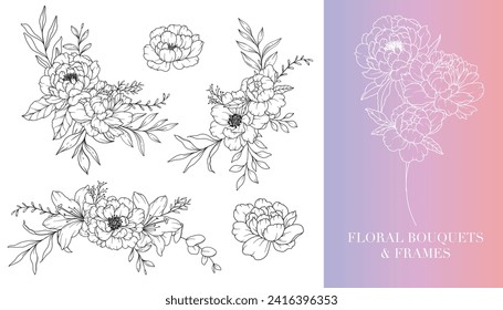 Peony Line Drawing. Floral Frames and Bouquets. Floral Line Art. Fine Line Peony Frames Hand Drawn Illustration. Hand Drawn Outline Magnolias. Botanical Coloring Page. Peony Isolated