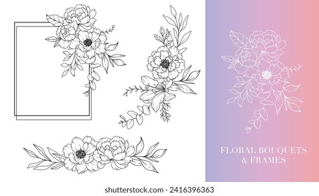 Peony Line Drawing. Floral Frames and Bouquets. Floral Line Art. Fine Line Peony Frames Hand Drawn Illustration. Hand Drawn Outline Magnolias. Botanical Coloring Page. Peony Isolated