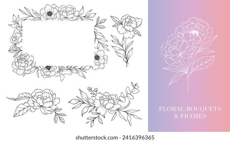 Peony Line Drawing. Floral Frames and Bouquets. Floral Line Art. Fine Line Peony Frames Hand Drawn Illustration. Hand Drawn Outline Magnolias. Botanical Coloring Page. Peony Isolated