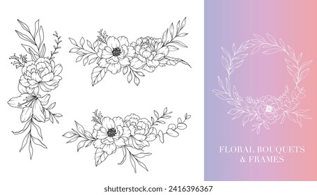 Peony Line Drawing. Floral Frames and Bouquets. Floral Line Art. Fine Line Peony Frames Hand Drawn Illustration. Hand Drawn Outline Magnolias. Botanical Coloring Page. Peony Isolated