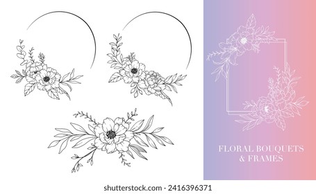 Peony Line Drawing. Floral Frames and Bouquets. Floral Line Art. Fine Line Peony Frames Hand Drawn Illustration. Hand Drawn Outline Magnolias. Botanical Coloring Page. Peony Isolated