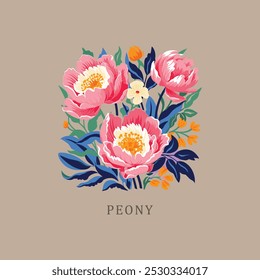 Peony. Novembro Flor mês de nascimento. Flores de nascimento vintage floral ilustrações, retro flor mercado poster. serigrafia impressão retro groovy trippy psicodélico pôster arte. Simples mínimo 1960 s brilhante