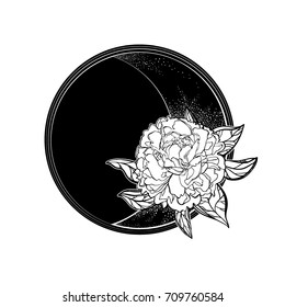Peony on the background of the month. The symbol of flowering, tatto. Boho Style. Bohemian. Vector illustration, isolated. The print on the shirt of the cover. The symbol of the full moon. Aesthetics