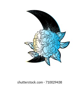 Peony on the background of the month. The symbol of flowering, tatto. Boho Style. Bohemian. Vector illustration, isolated. The print on the shirt of the cover. The symbol of the full moon, flowering.