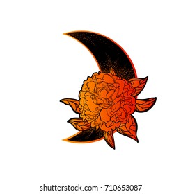 Peony on the background of the month. The symbol of flowering, tatto. Boho Style. Bohemian. Vector illustration, isolated. The print on the shirt of the cover. The symbol moon, flowering. Red, scarlet