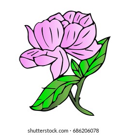 Peony on white background vector illustration. Doodle style. Design icon, print, logo, poster, symbol, decor, textile, paper, card. 
