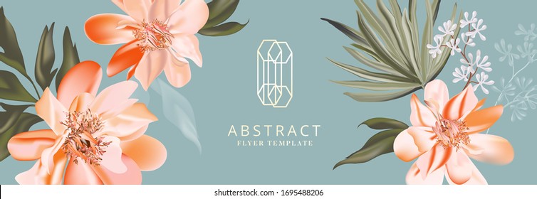 Peony orange bloom, floral greeting card with golden logo, party invitation, holiday sales, poster, web page, packaging, header. Vector
